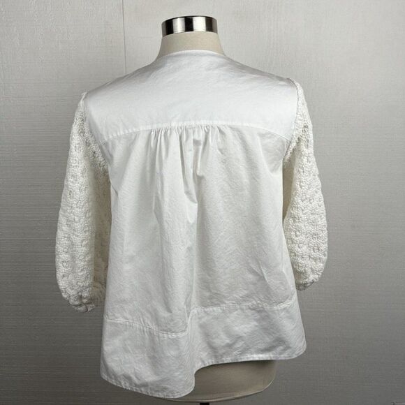 Tibi Blouse 2 Womens White Half Zip Textured 3/4 Sleeves Boho Relaxed Cotton - Picture 3 of 8